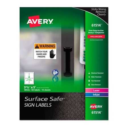 Avery Dennison Avery Surface Safe Sign Labels, 3-1/2in x 5in, White, 60/Pack 61514